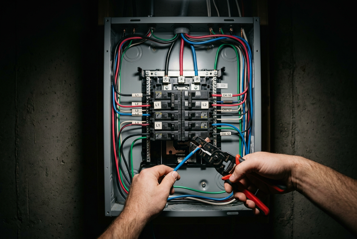 First-person view of an electrical panel evenly illuminated by wide floodlighting, with both hands working on wiring