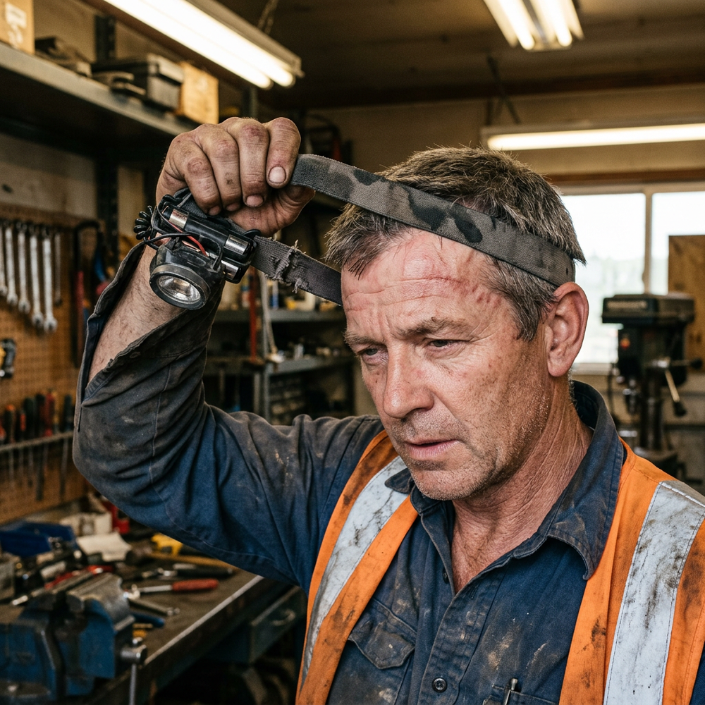 Exhausted mechanic removing a worn elastic headlamp, revealing sweat and forehead pressure marks