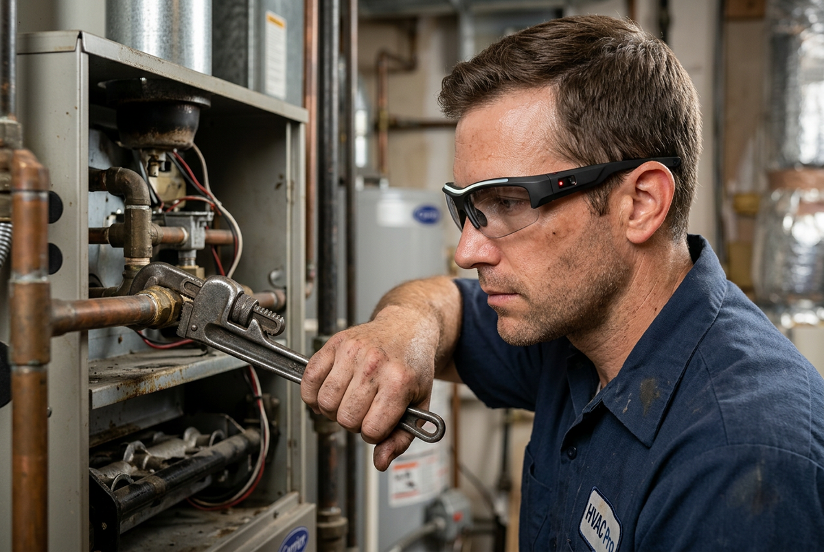 Premium HVAC product photograph showing touchless activation beside the eyewear’s temple sensor