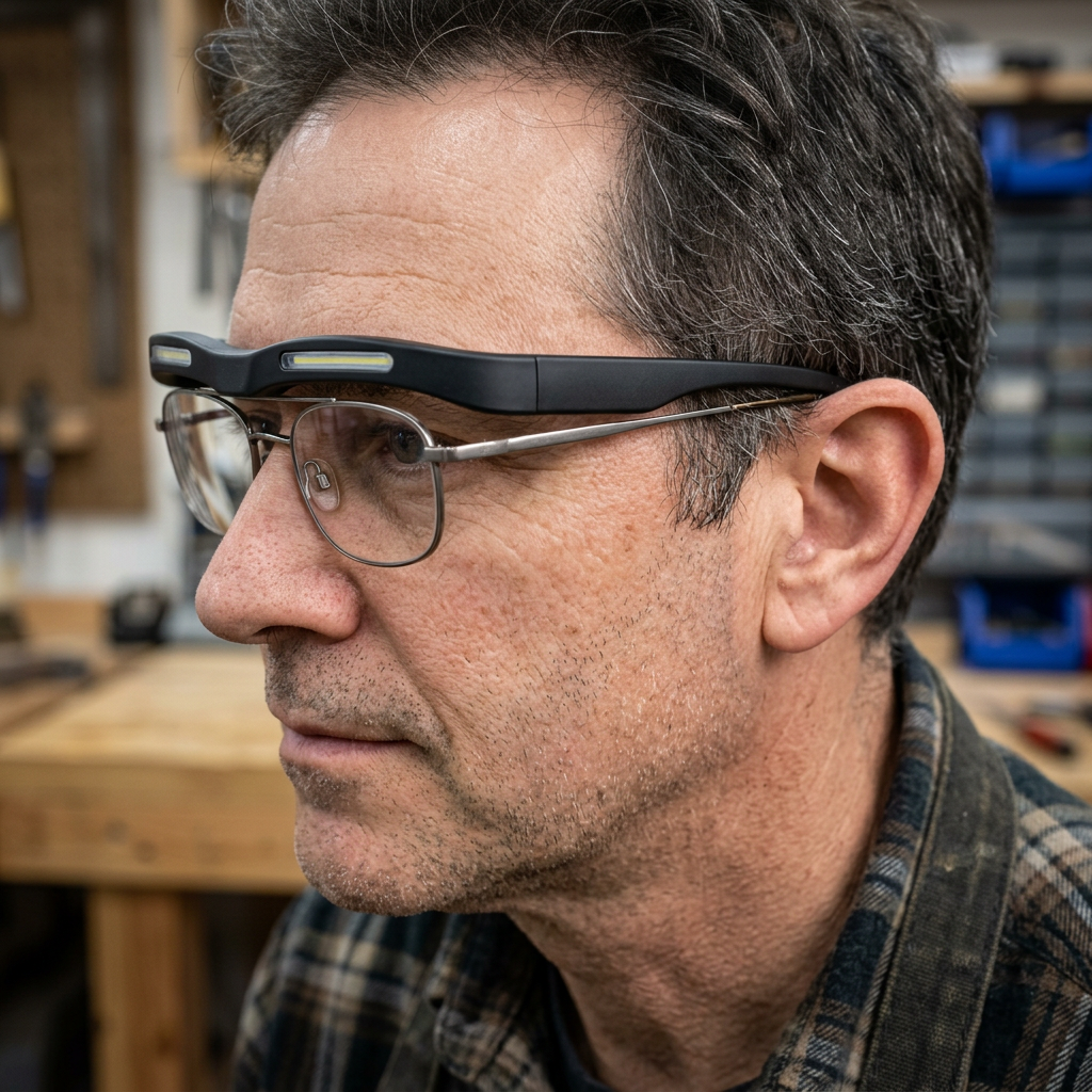Side-profile fit demonstration of matte-black LED eyewear worn over thin-frame prescription glasses